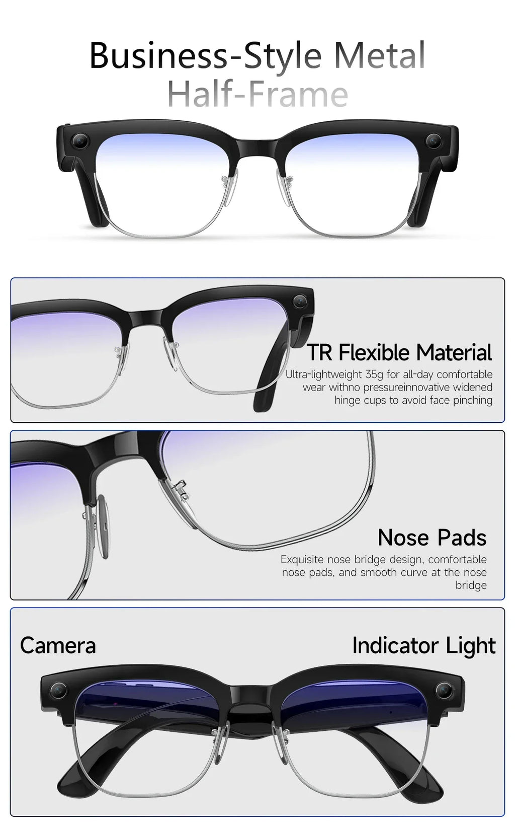 AI Smart Glasses To Take Photos Videos 800W HD Camera Intelligent Translation Photo-taking And Object Recognition Smart Glasses
