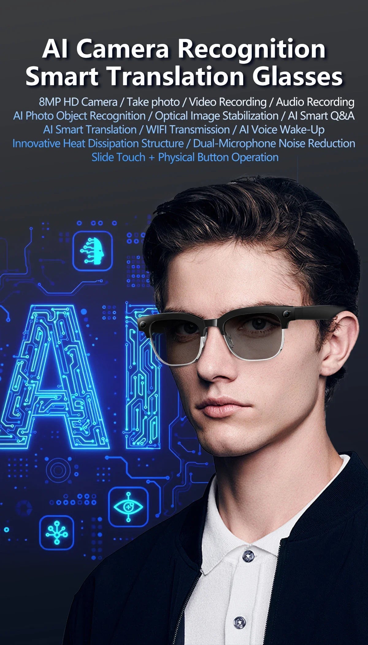 AI Smart Glasses To Take Photos Videos 800W HD Camera Intelligent Translation Photo-taking And Object Recognition Smart Glasses