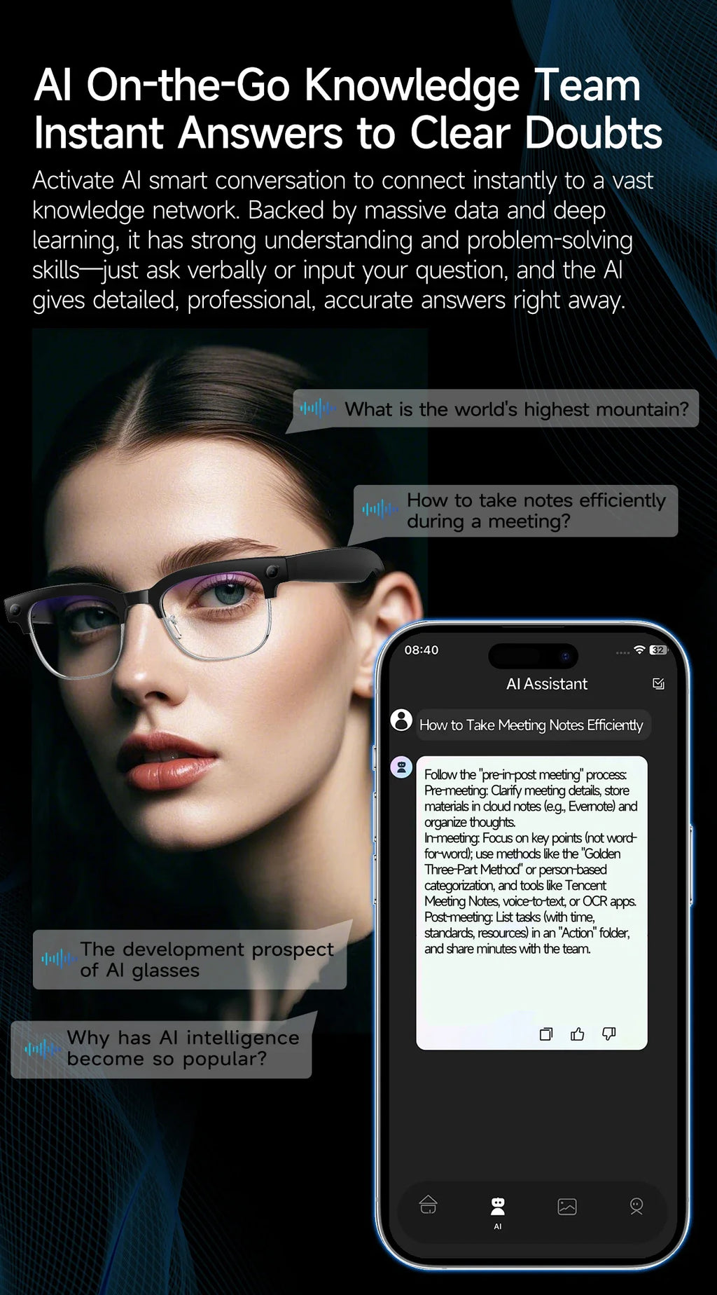 AI Smart Glasses To Take Photos Videos 800W HD Camera Intelligent Translation Photo-taking And Object Recognition Smart Glasses