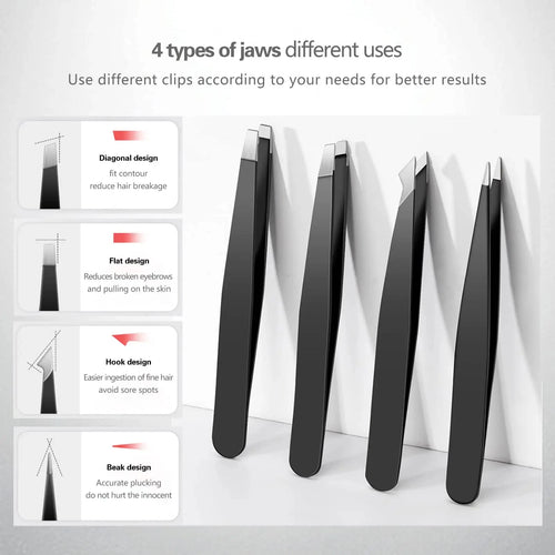 1/4pcs Black Stainless Steel Eyebrow Tweezers Slant&Flat Point Beauty Tools for Eyelash Grooming Ingrown Hair Removal Precision