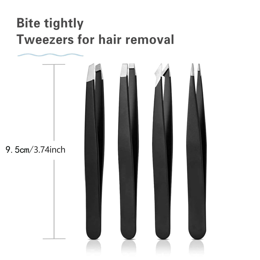 1/4pcs Black Stainless Steel Eyebrow Tweezers Slant&Flat Point Beauty Tools for Eyelash Grooming Ingrown Hair Removal Precision