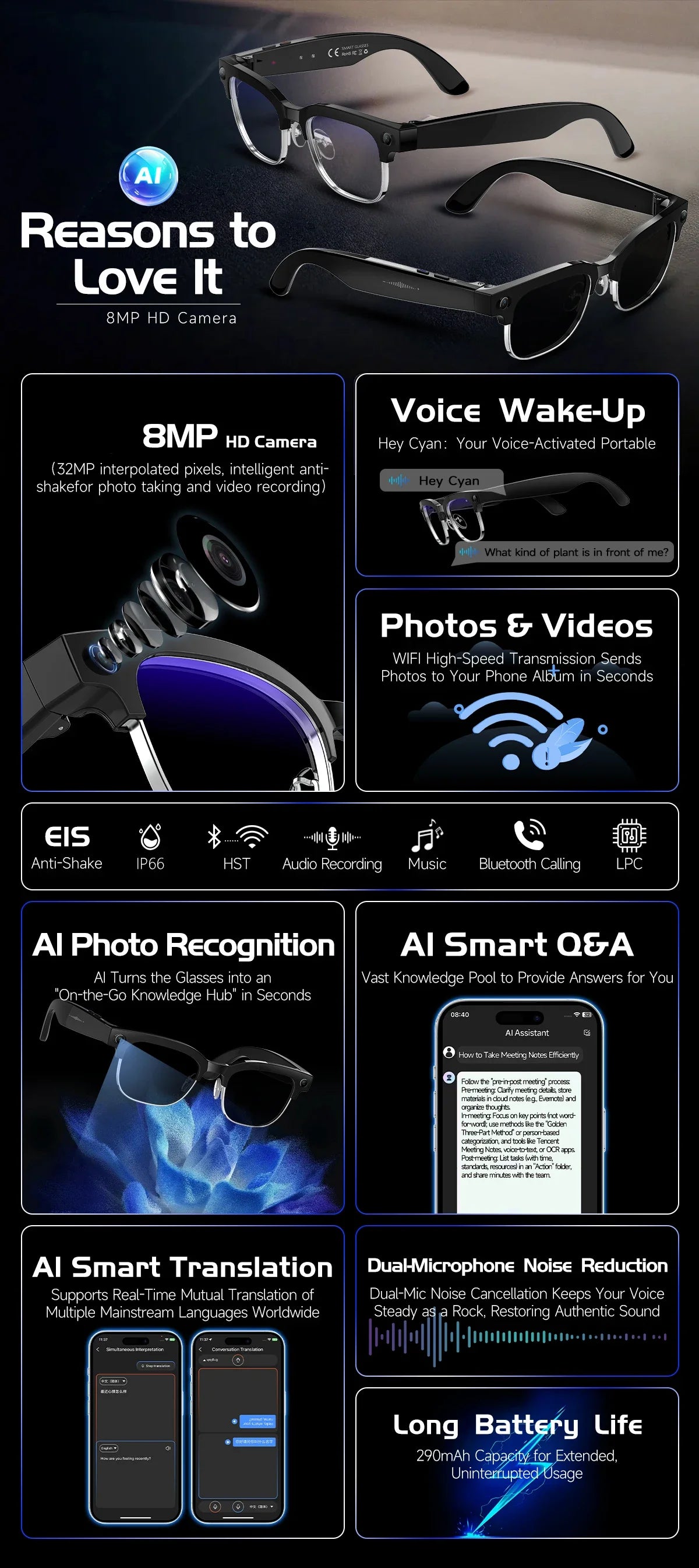 AI Smart Glasses To Take Photos Videos 800W HD Camera Intelligent Translation Photo-taking And Object Recognition Smart Glasses