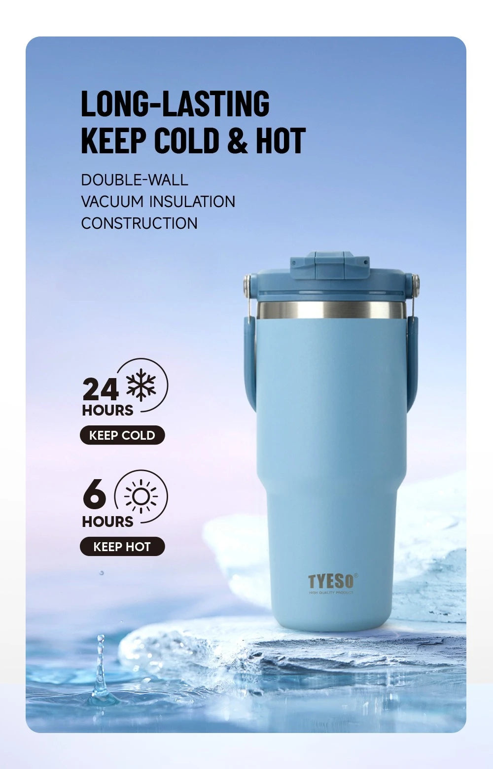 Tyeso 1200ML Handle Vacuum Flasks Cup Dual-Drink Coffee Mug Stainless Steel Ice Cup Car Bottle Hot Cold Retention Thermoses