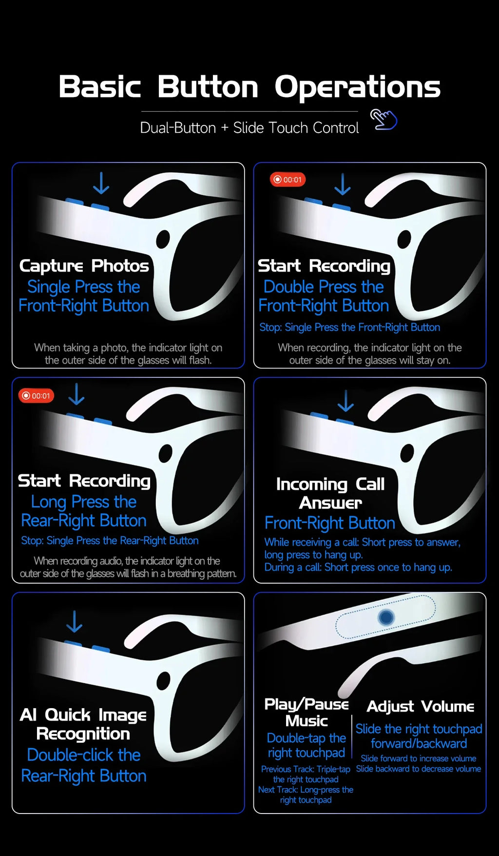 AI Smart Glasses To Take Photos Videos 800W HD Camera Intelligent Translation Photo-taking And Object Recognition Smart Glasses
