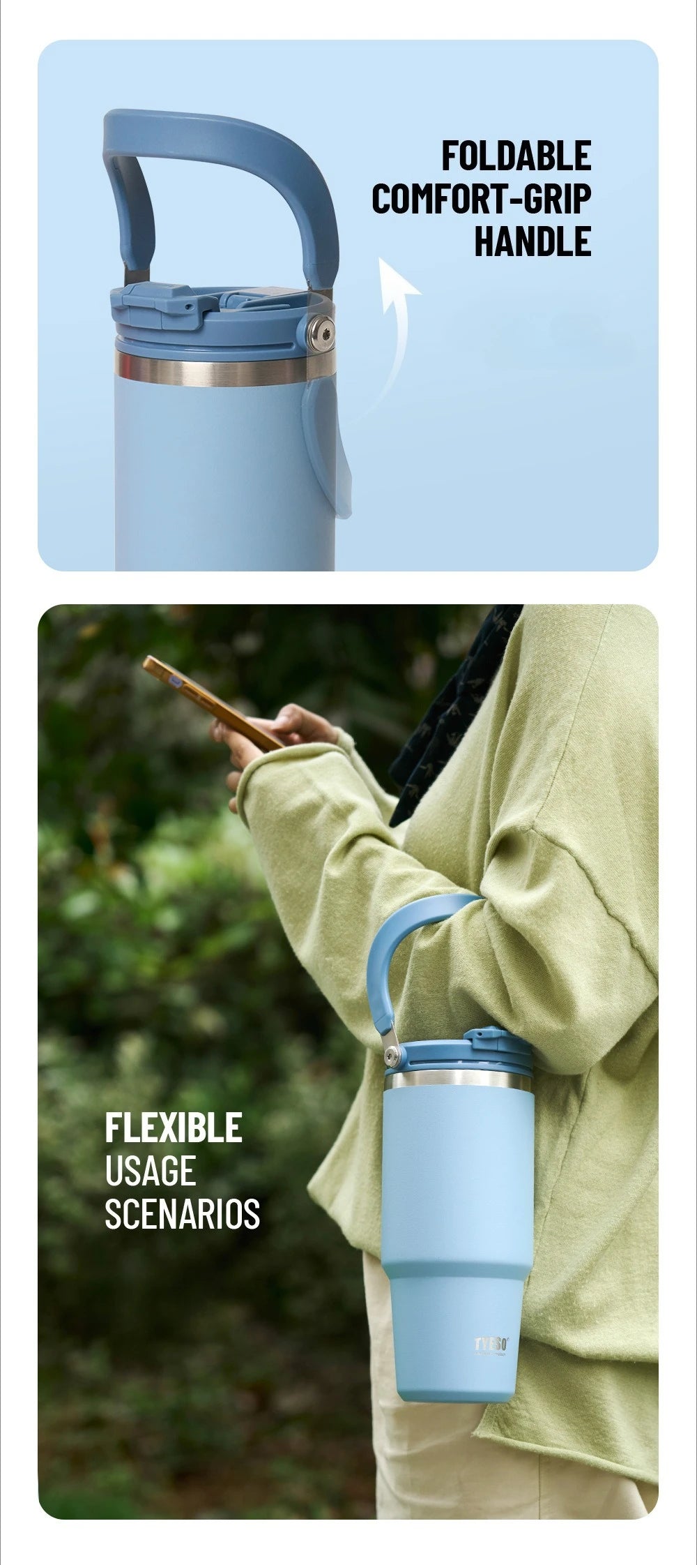 Tyeso 1200ML Handle Vacuum Flasks Cup Dual-Drink Coffee Mug Stainless Steel Ice Cup Car Bottle Hot Cold Retention Thermoses