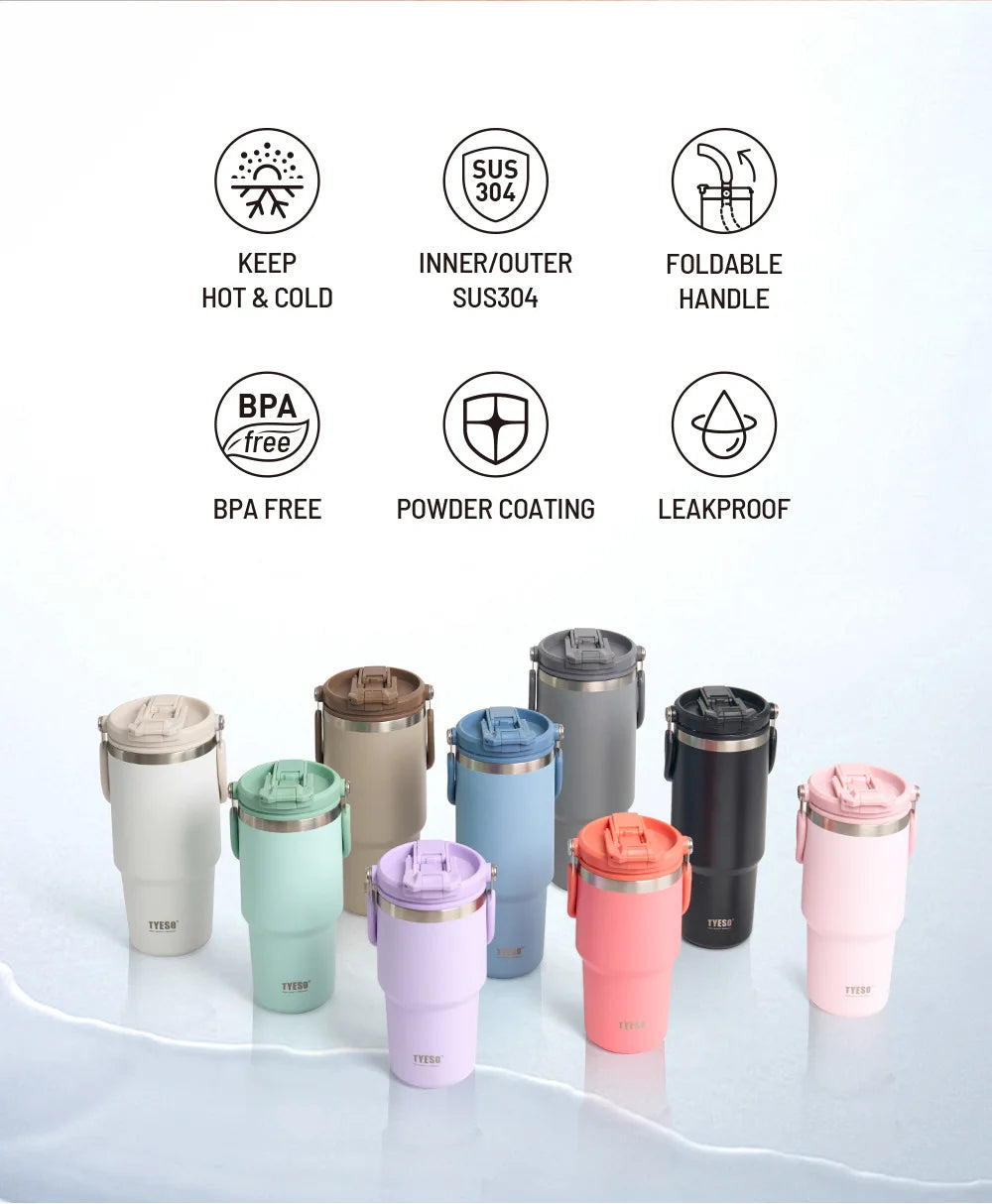 Tyeso 1200ML Handle Vacuum Flasks Cup Dual-Drink Coffee Mug Stainless Steel Ice Cup Car Bottle Hot Cold Retention Thermoses